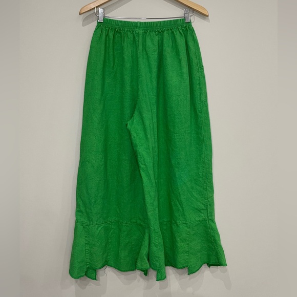 Green Lagenlook wide leg flare asymmetrical hem ankle pull on pants medium - Picture 9 of 10